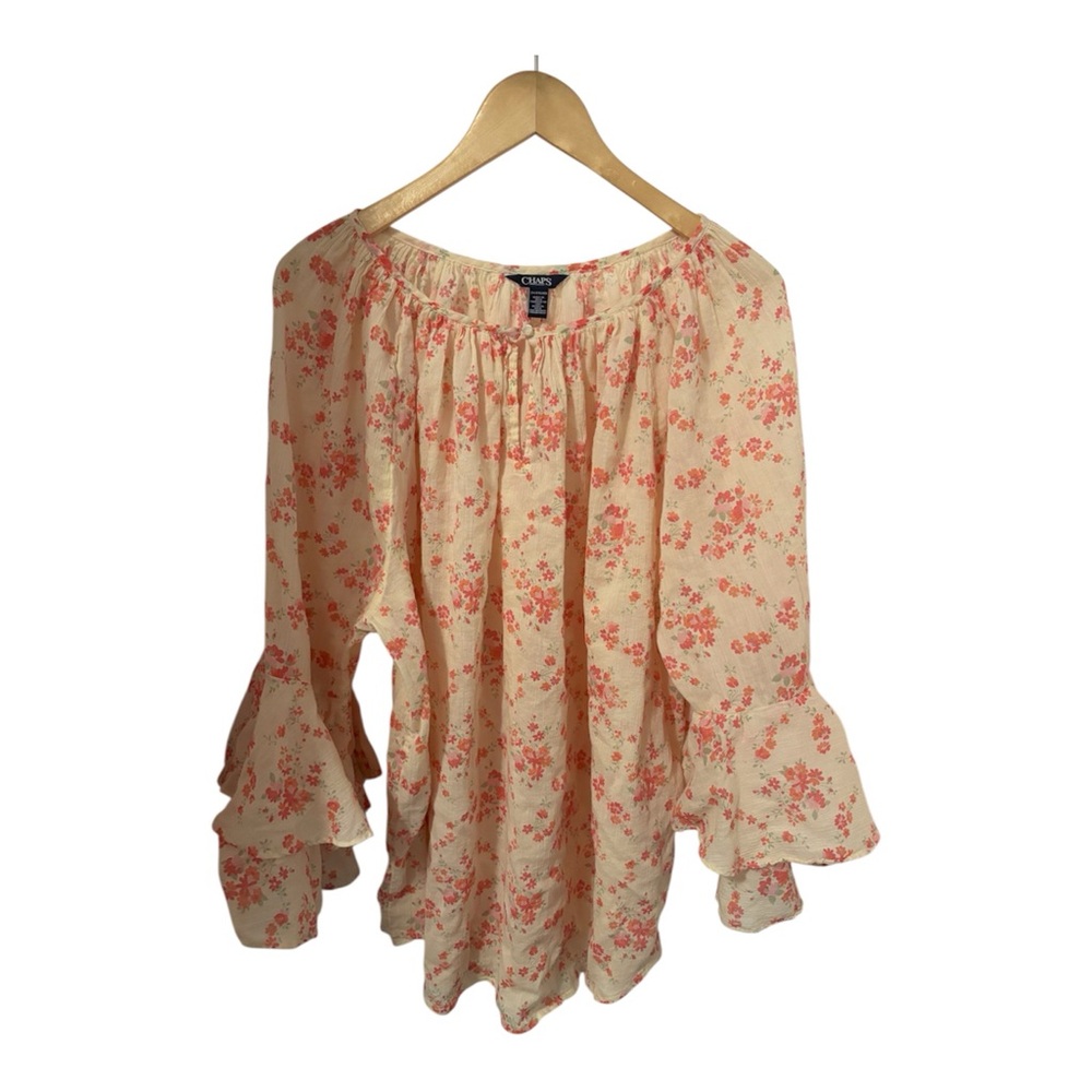 Chaps Women's 2X Crepe Peasant Blouse 3/4 Bell Sleeves Cream Pink Floral - Picture 8 of 10